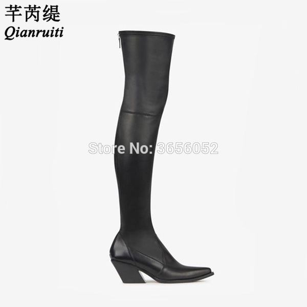 qianruiti plain black leather stretch long botas autumn winter shoes riding boots pointed toe block heel thigh high boots
qianruiti plain black leather stretch long botas autumn winter shoes riding boots pointed toe block heel thigh high boots