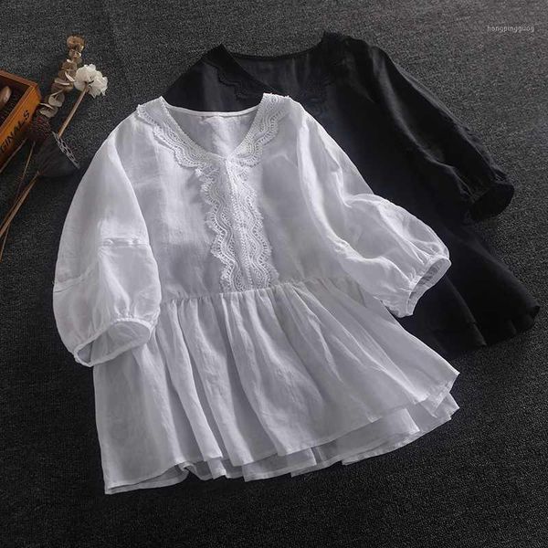 summer sweet lace v-neck girl's shirt women's artistic solid color shirt, White
summer sweet lace v-neck girl's shirt women's artistic solid color shirt, White