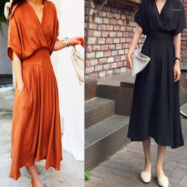 summer casual elegant korean office ladies vintage women midi dresses black loose high waist solid female fashion dress1, Black;gray
summer casual elegant korean office ladies vintage women midi dresses black loose high waist solid female fashion dress1, Black;gray