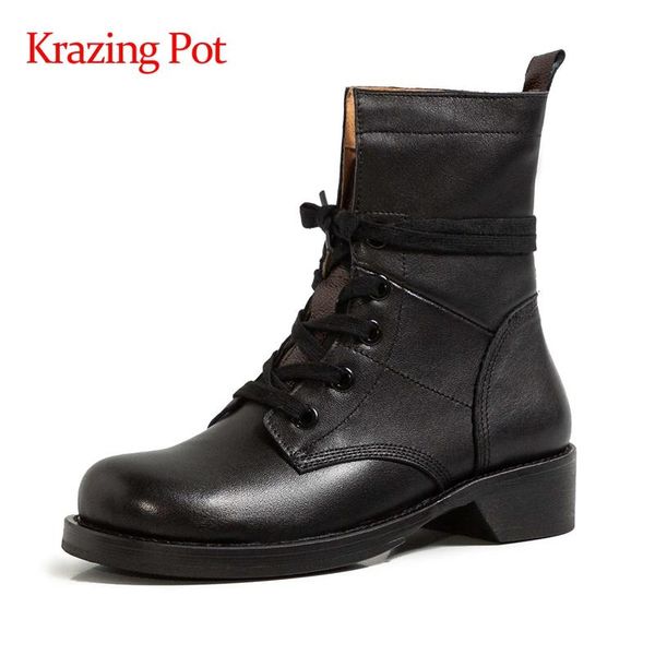 boots krazing pot arrival leisure genuine leather round toe thick med heel lace up young lady maiden ankle l71, Black
boots krazing pot arrival leisure genuine leather round toe thick med heel lace up young lady maiden ankle l71, Black