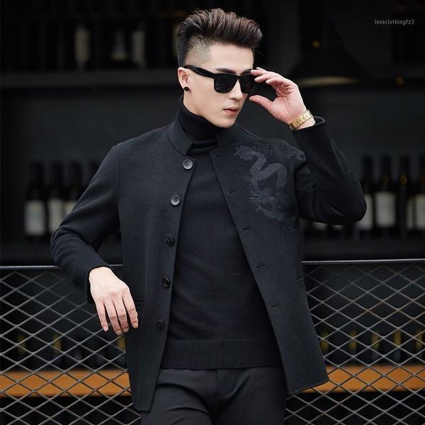 men's wool & blends 2021 chinese vintage mens dragon embroidery double faced coat stand collar single breasted office work formal party, Black
men's wool & blends 2021 chinese vintage mens dragon embroidery double faced coat stand collar single breasted office work formal party, Black