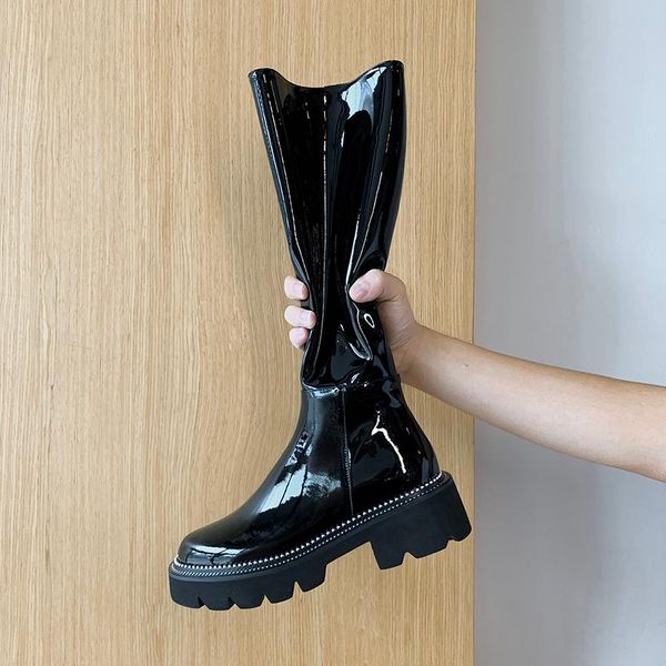 fashion platform knee high boots genuine leather zipper chunky high heels motorcycle shoes woman heels office slim long boots, Black
fashion platform knee high boots genuine leather zipper chunky high heels motorcycle shoes woman heels office slim long boots, Black