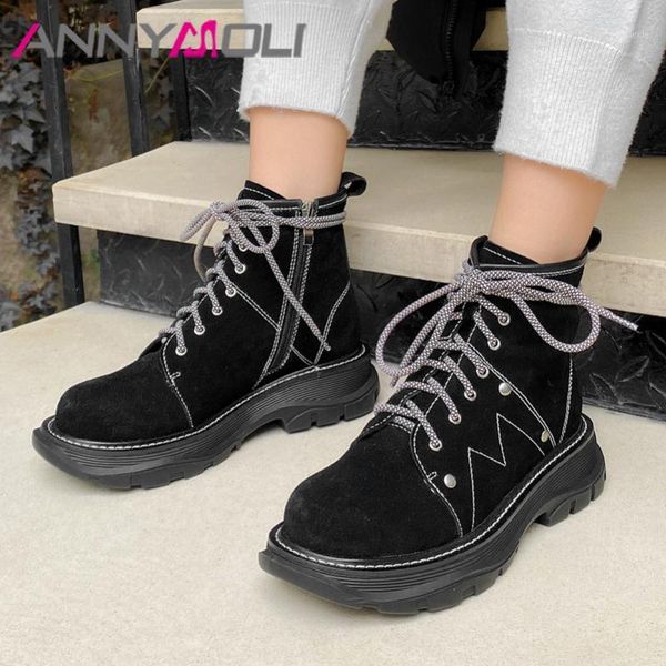 annymoli real leather cow suede platform flat ankle boots women motorcycle boots shoes zip rivet lace up warm snow lady 421, Black
annymoli real leather cow suede platform flat ankle boots women motorcycle boots shoes zip rivet lace up warm snow lady 421, Black