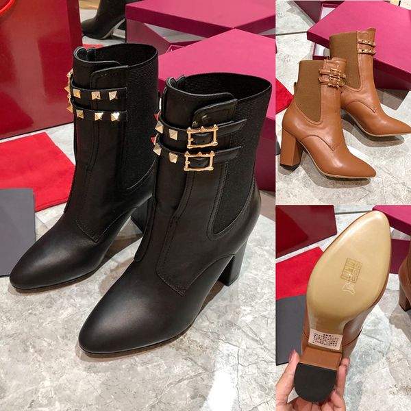 2020 fashion womens high heels ankle boots winter shoes with calfskin rivet buckle booties australia leather covered heel martin boots, Black 
2020 fashion womens high heels ankle boots winter shoes with calfskin rivet buckle booties australia leather covered heel martin boots, Black