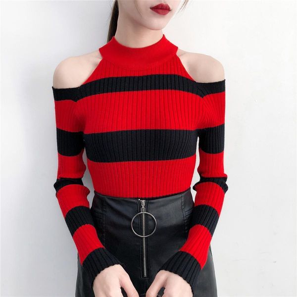 2019 new striped pullovers sweaters women knitted off shoulder soft slim pullover sweater female full sleeve clothing gt367, White;black
