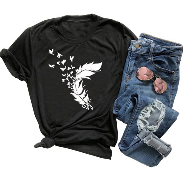 2020 women casual harajuku fashion t-shirt feather print loose o-neck short sleeve elastic stretched summer home new tee shirt, White
2020 women casual harajuku fashion t-shirt feather print loose o-neck short sleeve elastic stretched summer home new tee shirt, White