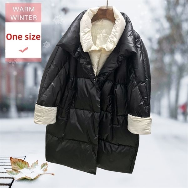 new winter women long white duck down jacket turn-down collar fashion color contrast elements female loose thick warm coat 201103, Black 
new winter women long white duck down jacket turn-down collar fashion color contrast elements female loose thick warm coat 201103, Black
