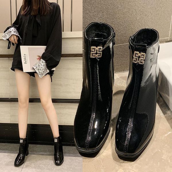 boots brand 2021 women fashion patent leather ankle thick high heels zip shoes rhinestone botas mujer, Black
boots brand 2021 women fashion patent leather ankle thick high heels zip shoes rhinestone botas mujer, Black
