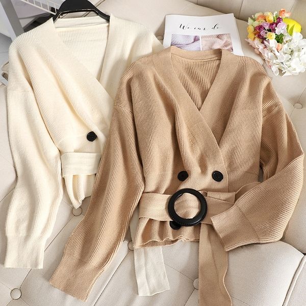 mossha retro v-neck belt double-breasted knitted cardigan women autumn winter long sleeve fashion solid chic sweater female y200106, White;black
mossha retro v-neck belt double-breasted knitted cardigan women autumn winter long sleeve fashion solid chic sweater female y200106, White;black