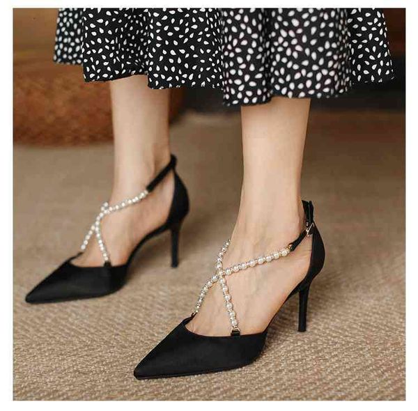spring and summer pearl sandals with buckle female pointed satin stiletto all-match high heels, Black
spring and summer pearl sandals with buckle female pointed satin stiletto all-match high heels, Black
