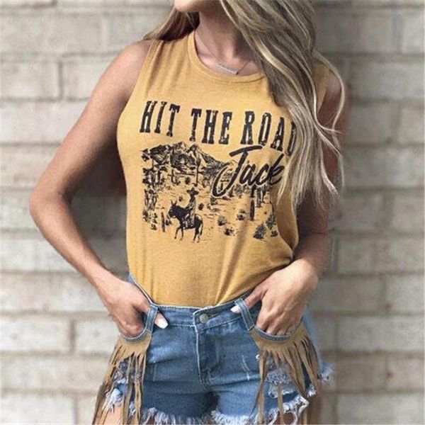 2021 summer new women sleeveless tees fashion hit the road jack letter print tank loose tank camisa, White