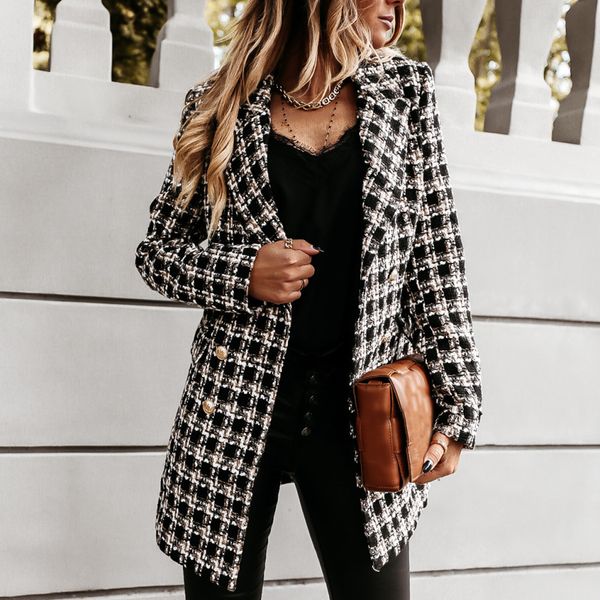 coat winter women commute long sleeve overcoat lattice turndown collar double breasted woolen knitted jacket, Black
coat winter women commute long sleeve overcoat lattice turndown collar double breasted woolen knitted jacket, Black