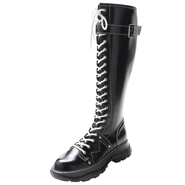 boots women's chunky heel lace up platform combat long, Black