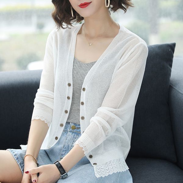 women 2020 summer thin knit sweater cardigan air conditioner sunscreen v-neck long sleeve female hollow out knitwear coat g160 t200820, White 
women 2020 summer thin knit sweater cardigan air conditioner sunscreen v-neck long sleeve female hollow out knitwear coat g160 t200820, White