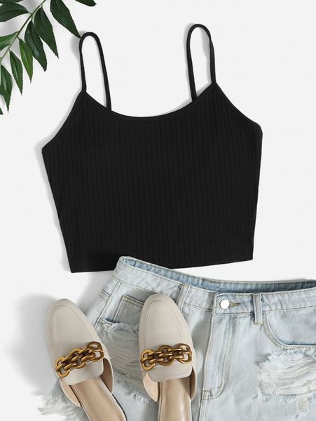 plus rib-knit crop cami b1te#, Black