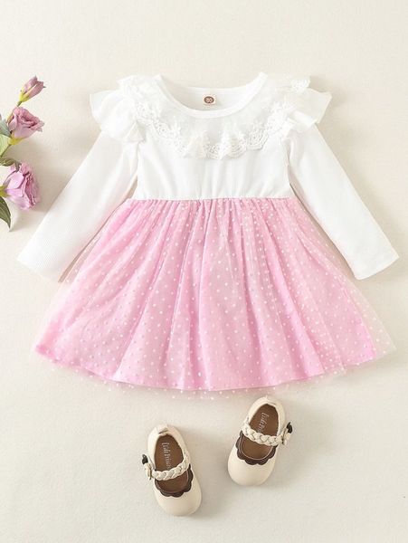 baby ruffle trim dobby mesh hem dress she, Red;yellow