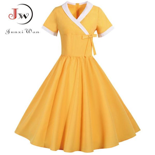 yellow bow v neck elegant office party dress women summer vintage high waist swing a-line midi sundress plus size robe femme, White;black
yellow bow v neck elegant office party dress women summer vintage high waist swing a-line midi sundress plus size robe femme, White;black