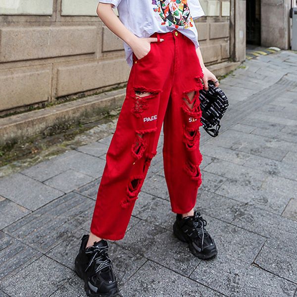 red women high waist womens street style distressed jeans straight cylinder hole force pants 201029, Blue
red women high waist womens street style distressed jeans straight cylinder hole force pants 201029, Blue