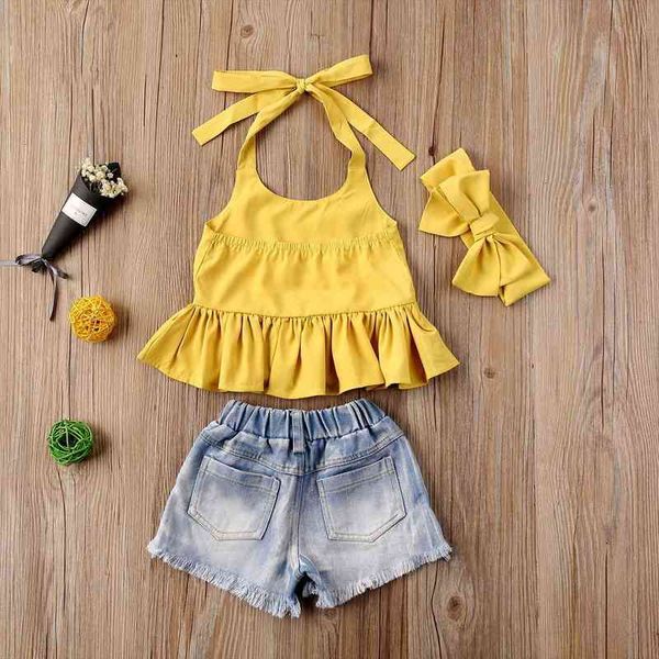 summer toddler clothing kids baby girls yellow ruffle haler bandage hole denim shorts heaband 3pcs set for 1-6year, White
summer toddler clothing kids baby girls yellow ruffle haler bandage hole denim shorts heaband 3pcs set for 1-6year, White