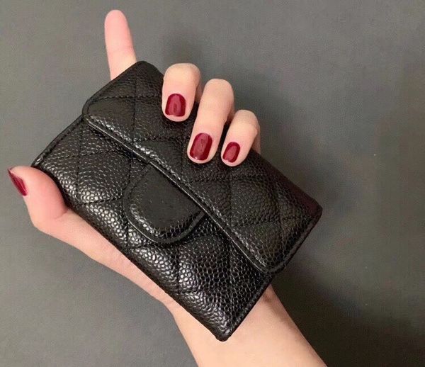 2021 fashion designer lady black classic caviar leather quilted wallet small coin purse women clutch with box 11.5*7cm, Red;black