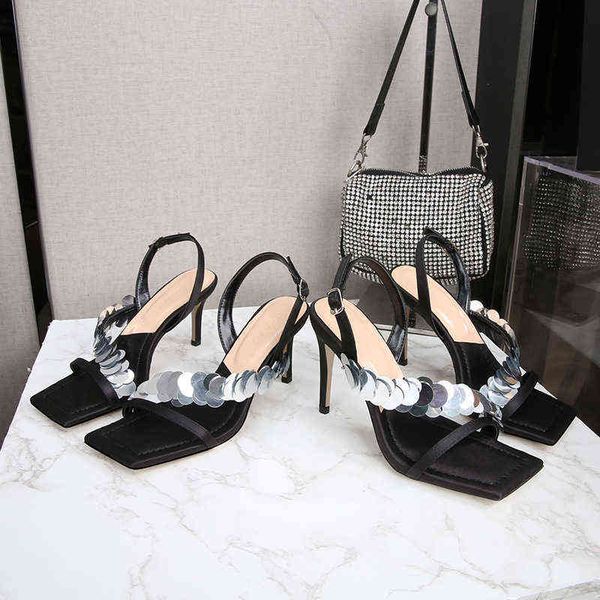 dress shoes huidong women's shoes 2022 summer high square head with sequins sandals and thin heels, Black 
dress shoes huidong women's shoes 2022 summer high square head with sequins sandals and thin heels, Black