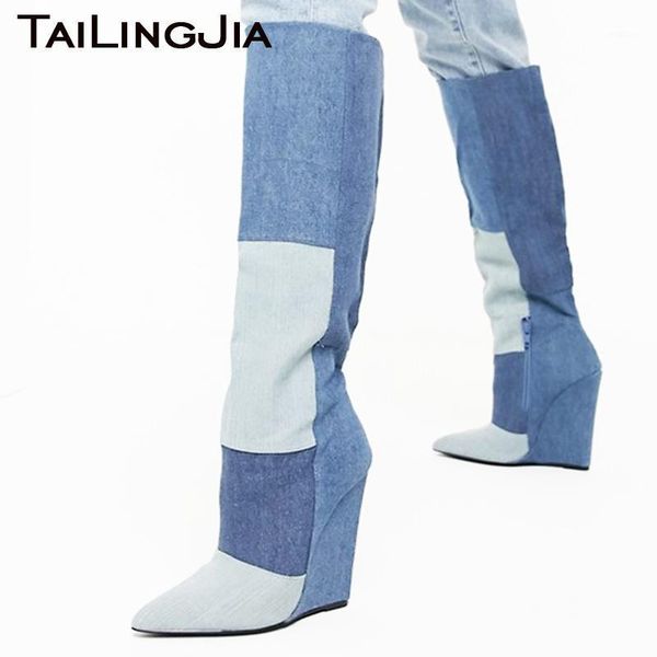2020 new stylish denim knee high boots for women pointed toe wedge heel boot mixed color high heel denim long boots large size1, Black
2020 new stylish denim knee high boots for women pointed toe wedge heel boot mixed color high heel denim long boots large size1, Black