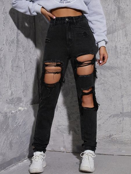 high waist ripped cut out jeans j5r7#, Blue