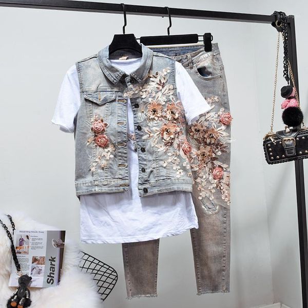 2019 spring new women's embroidery sequins flower denim vest + long jeans pants sets ladies denim pants suit vest suits1, White
2019 spring new women's embroidery sequins flower denim vest + long jeans pants sets ladies denim pants suit vest suits1, White