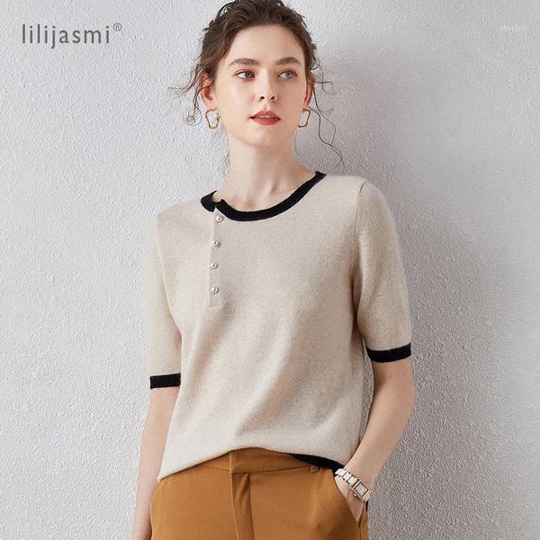 women's sweaters 2021 color-matching real 100% cashmere o-neck short sleeve pullover pearl clasp knitted tee women sweater jumper1, White;black
women's sweaters 2021 color-matching real 100% cashmere o-neck short sleeve pullover pearl clasp knitted tee women sweater jumper1, White;black