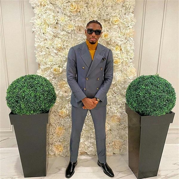 2 pieces men suits grey formal double breasted metal button tuxedos lapel custom made cotton party suits fit slim coat+pant, Black;gray
