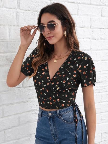 ditsy floral tie side crop x0f0#, White 
ditsy floral tie side crop x0f0#, White