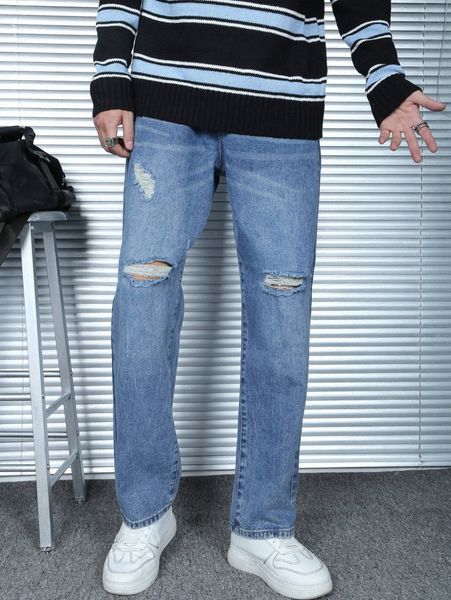 men ripped frayed straight leg jeans l5wu#, Blue 
men ripped frayed straight leg jeans l5wu#, Blue