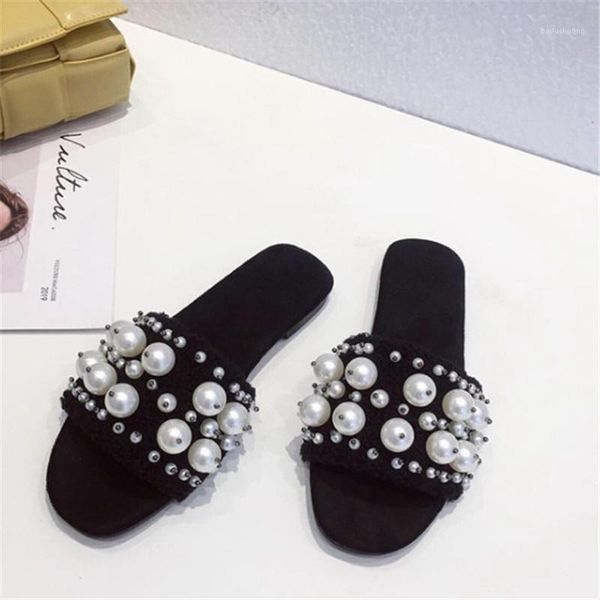 pearl women slippers summer shoes fashion black women beach shoes large size slides1