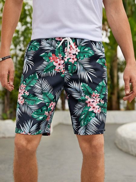 men tropical print drawstring waist shorts m7m1#, Black
men tropical print drawstring waist shorts m7m1#, Black