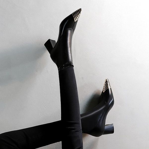 new winter autumn women's boots fashion chunky heel high heels boots black metal pointed toe ankle g1988-12
new winter autumn women's boots fashion chunky heel high heels boots black metal pointed toe ankle g1988-12