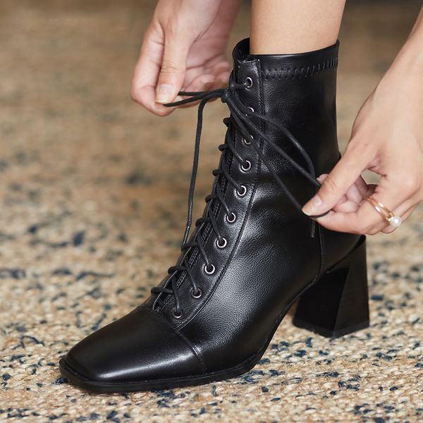 2020 leather genuine for women british autumn comfortable cross-tied square toe women's high heels short boots gt0h, Black
2020 leather genuine for women british autumn comfortable cross-tied square toe women's high heels short boots gt0h, Black