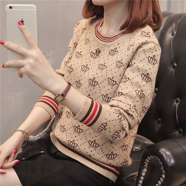new autumn winter women o-neck crown printed knit pull sweater clothes female casual long sleeve korean warm jumpers pullover, White;black
new autumn winter women o-neck crown printed knit pull sweater clothes female casual long sleeve korean warm jumpers pullover, White;black