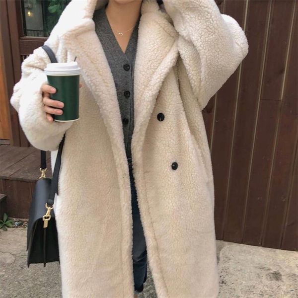 women's wool & blends korean sweet style winter vintage long women coat loose creamy white thick warm imitation lamb jacket female, Black
women's wool & blends korean sweet style winter vintage long women coat loose creamy white thick warm imitation lamb jacket female, Black