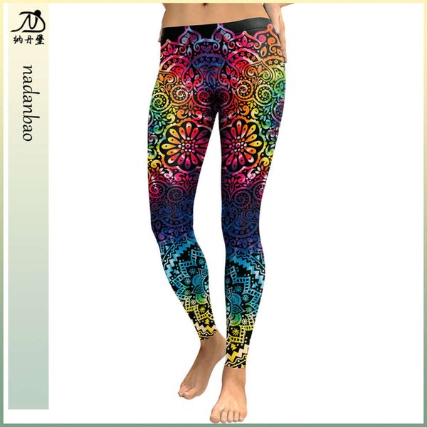 datura print women's slim stretch outdoor versatile leggings kdk1903, Black