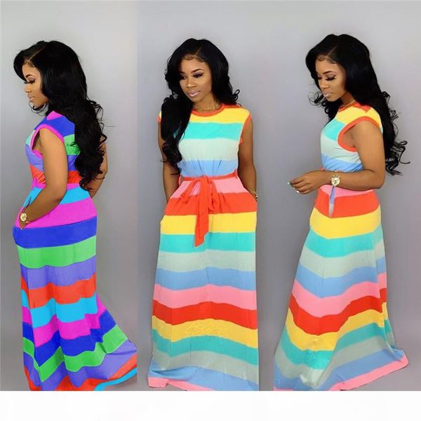 with sashes women rainbow striped dress fashion designer short sleeve women color pabnelled dresses summer long dress, Black;gray
with sashes women rainbow striped dress fashion designer short sleeve women color pabnelled dresses summer long dress, Black;gray