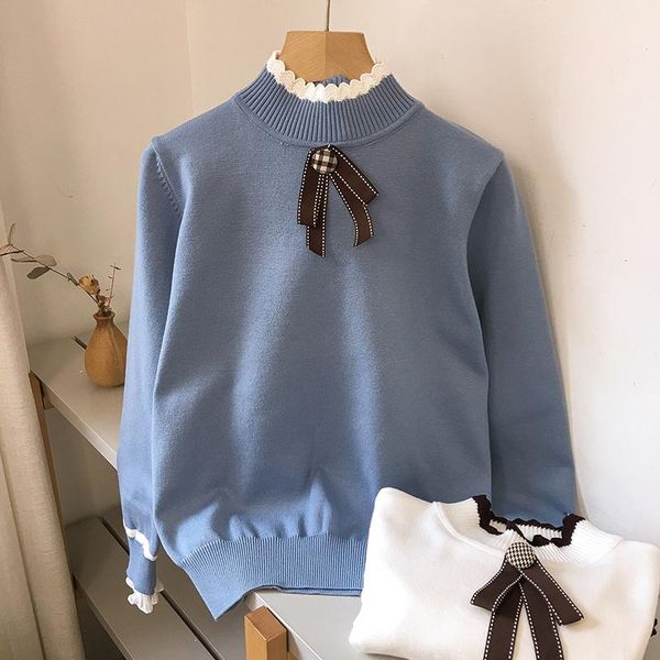 2021 autumn winter lace loog sleeve elegance bow tie oversized college style wool jersey knit pullover women's sweaters, White;black
2021 autumn winter lace loog sleeve elegance bow tie oversized college style wool jersey knit pullover women's sweaters, White;black
