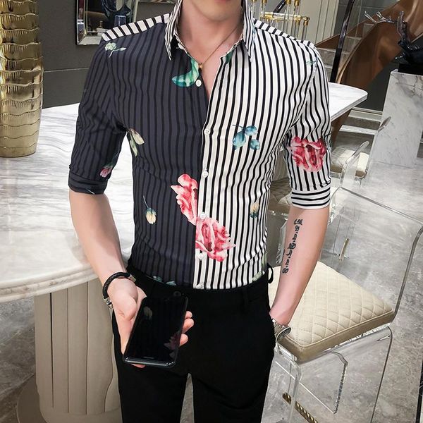 men's casual shirts shirt men stripe splicing middle sleeve slim male personality party dress lapel blouse 2021, White;black
men's casual shirts shirt men stripe splicing middle sleeve slim male personality party dress lapel blouse 2021, White;black