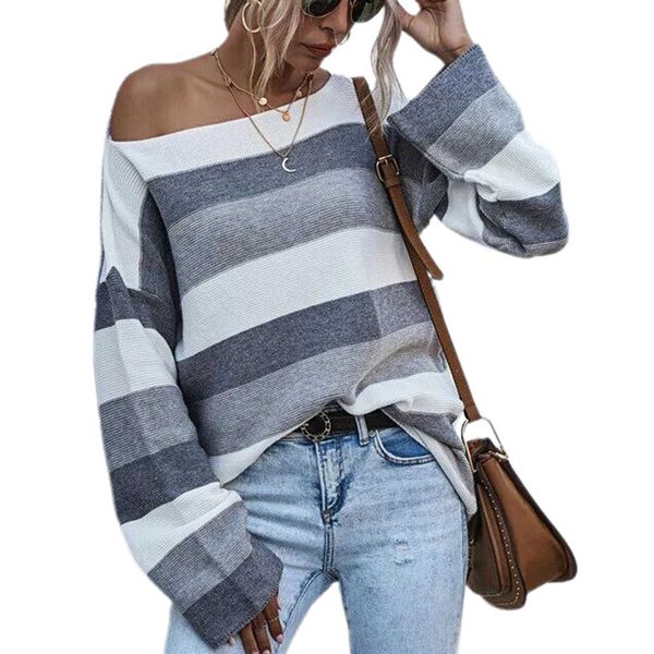 women's early fall shirt, striped knitting casual party round neck long sleeve loose sweater, White;black
women's early fall shirt, striped knitting casual party round neck long sleeve loose sweater, White;black