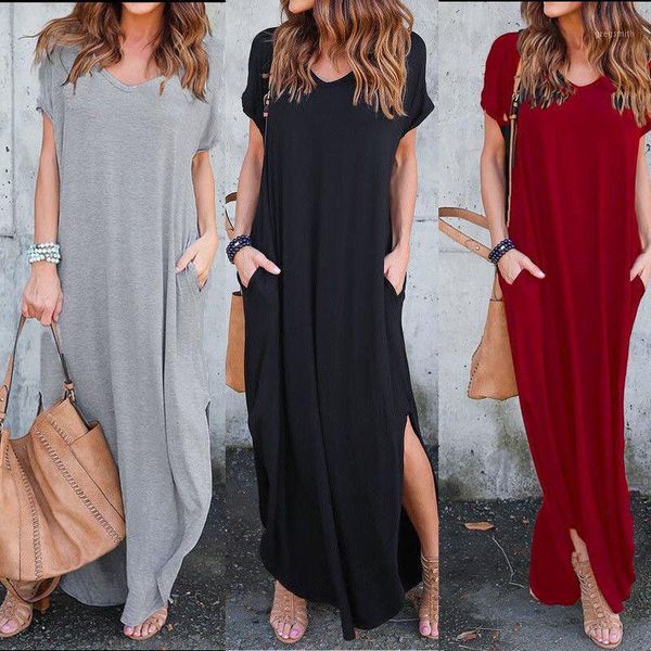 women t-shirt long maxi dress split evening party shirt dress summer beach loose sundress1, Black;gray
women t-shirt long maxi dress split evening party shirt dress summer beach loose sundress1, Black;gray