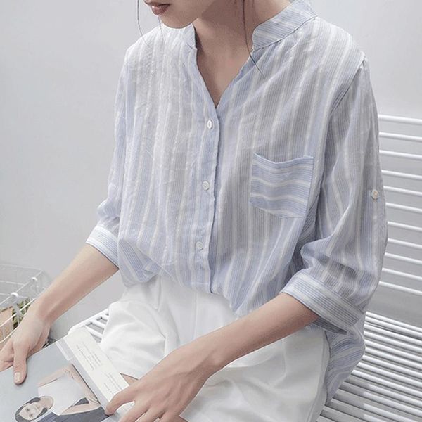 new womens shirt striped stand neck blouses loose baggy cotton linen button pocket shirts spring autumn for female, White
new womens shirt striped stand neck blouses loose baggy cotton linen button pocket shirts spring autumn for female, White
