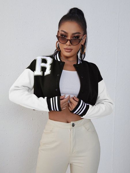 letter patched striped trim drop shoulder crop bomber jacket h2fn#, Black;brown
letter patched striped trim drop shoulder crop bomber jacket h2fn#, Black;brown