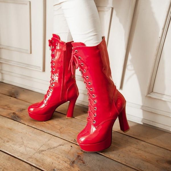 autumn winter newthick high heels waterproof platform casual front lace riding boots white patent leather large size women shoes, Black
autumn winter newthick high heels waterproof platform casual front lace riding boots white patent leather large size women shoes, Black