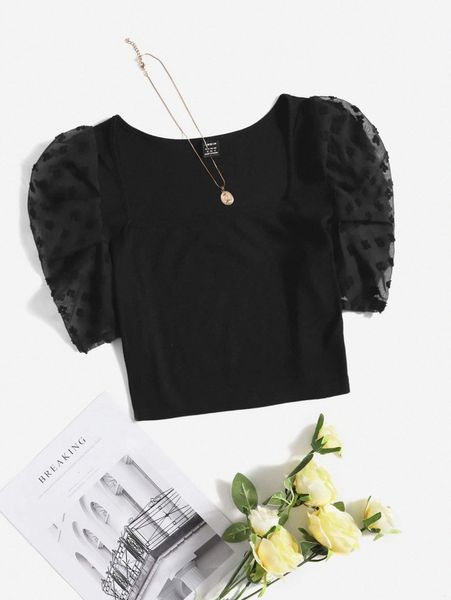 chiffon puff sleeve solid crop 26pq#, White
