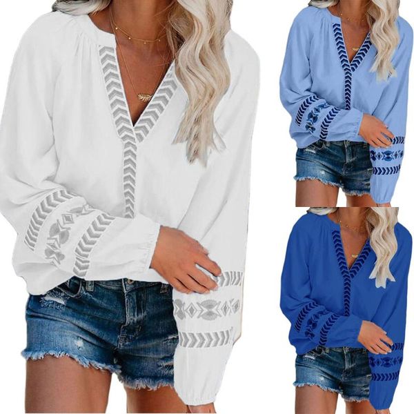 women elegant blouse v neck lantern long sleeve stripe geometric trim shirts, White
women elegant blouse v neck lantern long sleeve stripe geometric trim shirts, White