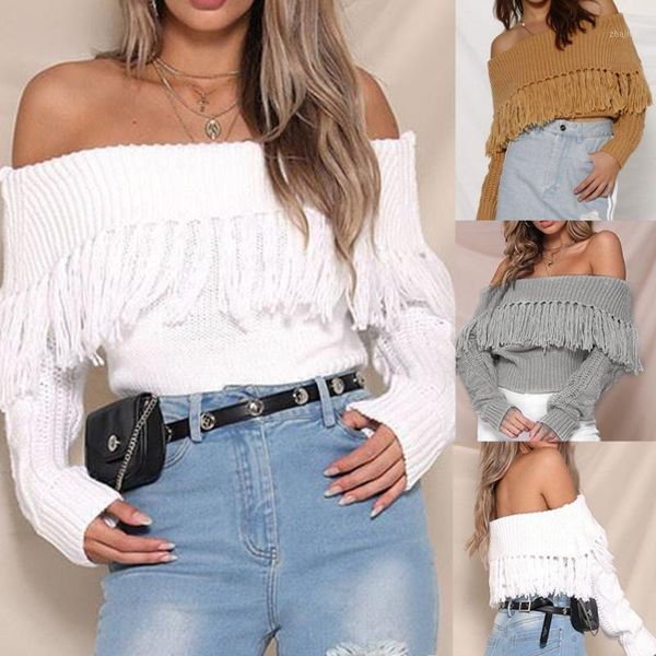 women solid sweater autumn off shoulder slash neck casual sweater tassel pullover long sleeve loose sweaters blouse 1, White;black 
women solid sweater autumn off shoulder slash neck casual sweater tassel pullover long sleeve loose sweaters blouse 1, White;black
